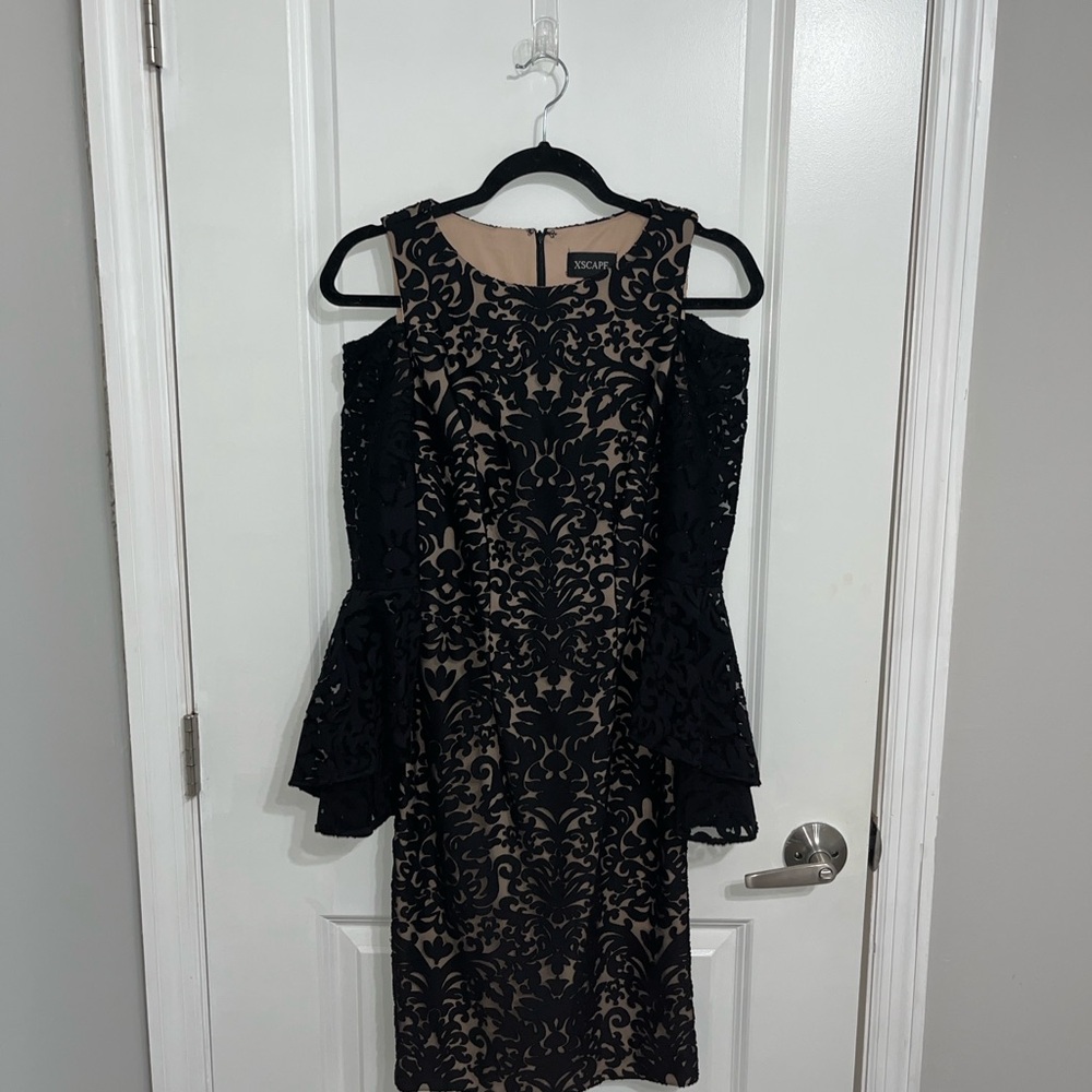Xscape Black and Tan Long Sleeve Cold Shoulder Dress
